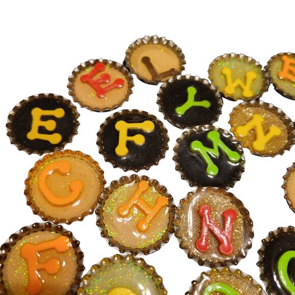 Handmade Alphabet Bottlecap Magnets Set of 34 - Resin, Fridge Decor - Picture 6 of 16